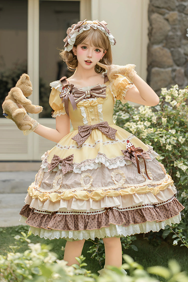 Polka Dot Cake Layered Print Ruffled Bow Sweet Lolita OP in Yellow Brown