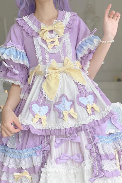 Purple Star Sugar Short-Sleeved Multi-Layer Ruffled Bow-Trim Sweet Lolita Dress