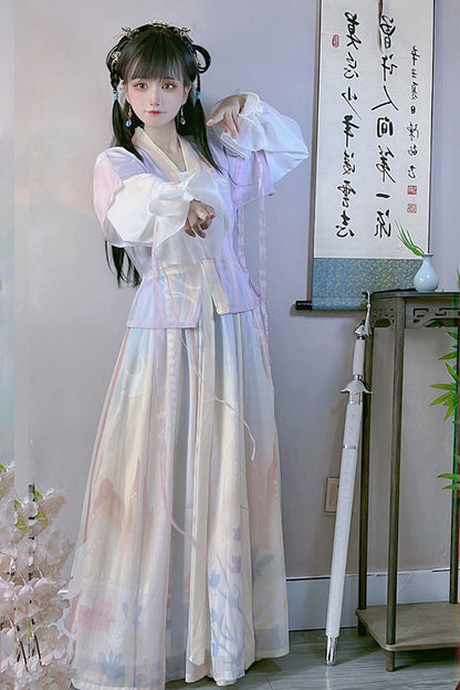 Classic Tang Collar Printed Hanfu Ensemble with Round Neck