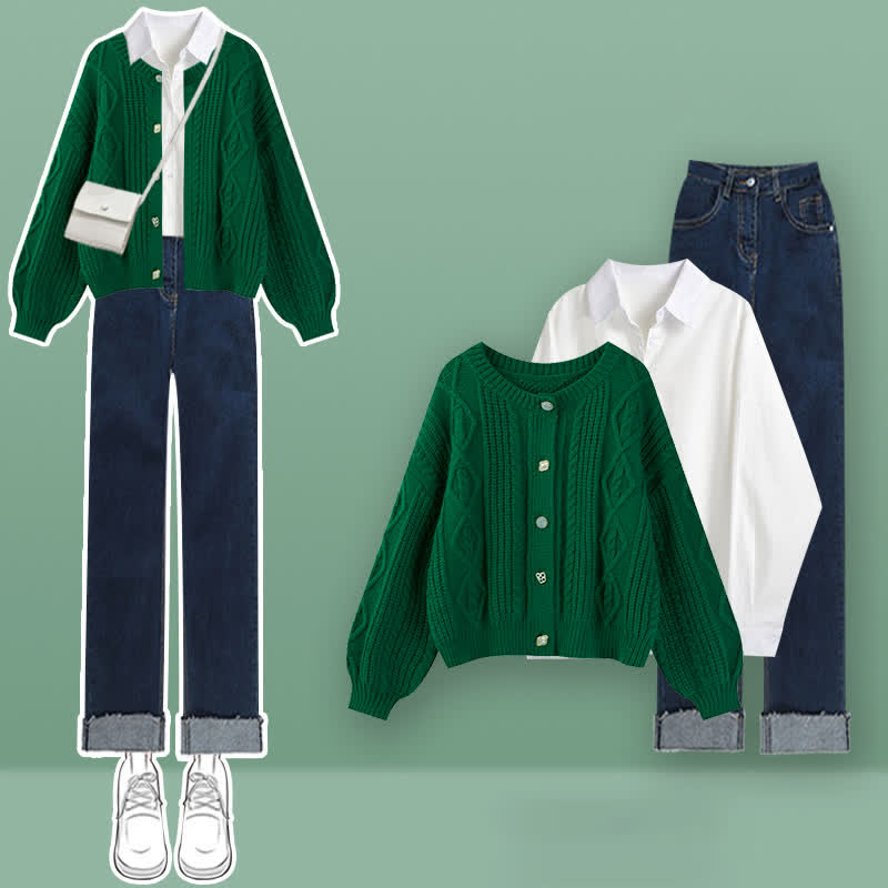 Ensemble cardigan vert câblé, pull, chemise à revers, pantalon en jean