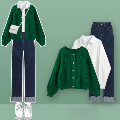Sweater Set Green Cardigan Cable Denim Pants Lapel Shirt