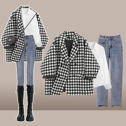 Lattice Blazer Print Lapel Slim Pants T-Shirt Denim Chic