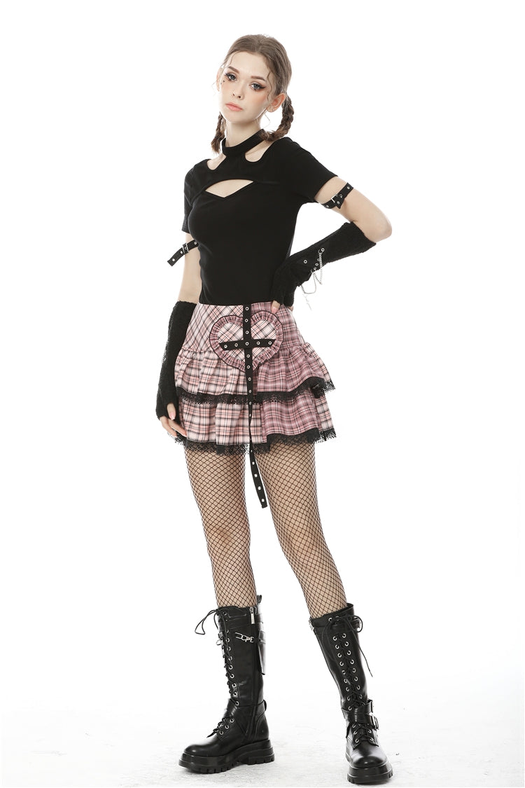 Pink Heart Plaid Double-Layer Ruffled Mini Skirt with Lace Hem