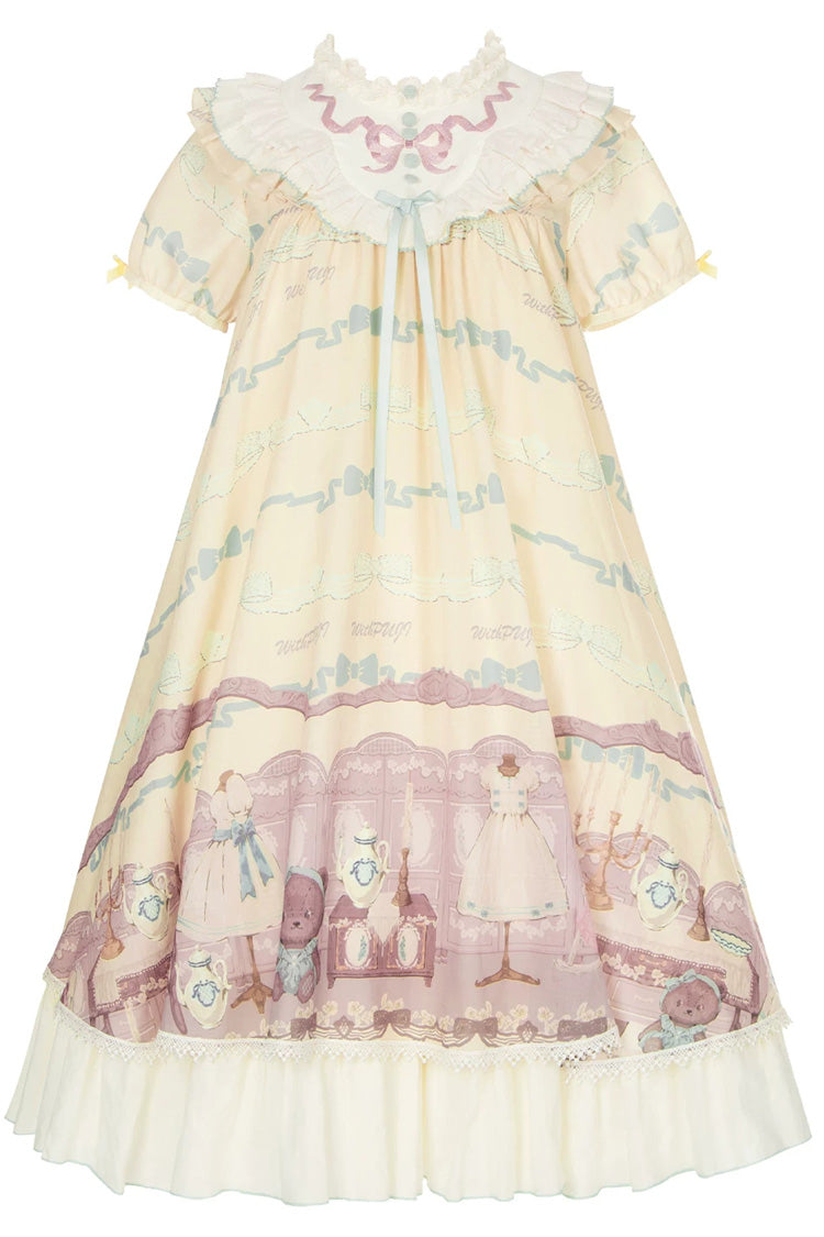 Sunny Short-Sleeve Bear Printed Ruffled Bow Dress Ensemble