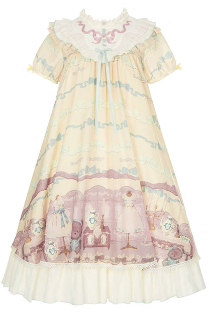 Sunny Short-Sleeve Bear Printed Ruffled Bow Dress Ensemble