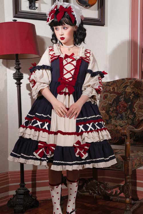 Sweet Lolita OP Dress with Square Neck and Ruffled Long Sleeves