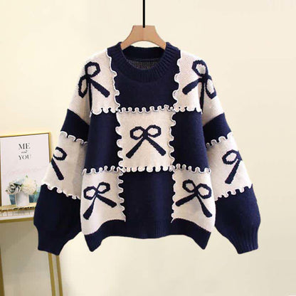 Plaid Knot Skirt Print Sweater Set Pleated Bow