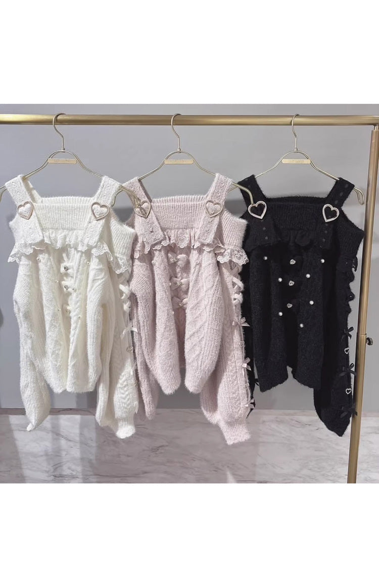 Boat Neck Bow Jirai Kei Elegant Knitwear
