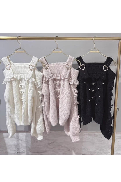 Boat Neck Bow Jirai Kei Elegant Knitwear