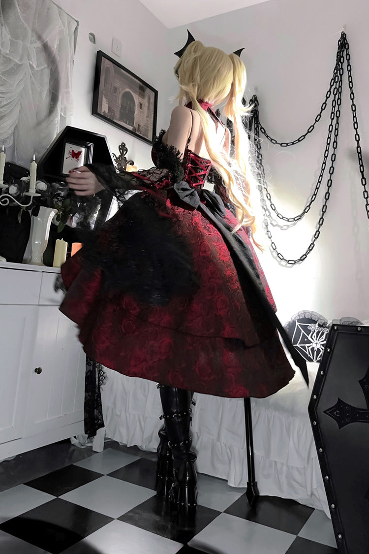 Weeping Rose Jacquard Lolita Dress with Lace-Up Cardigan - Noir