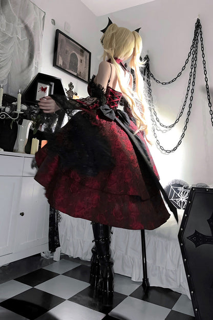 Weeping Rose Jacquard Lolita Dress with Lace-Up Cardigan - Noir