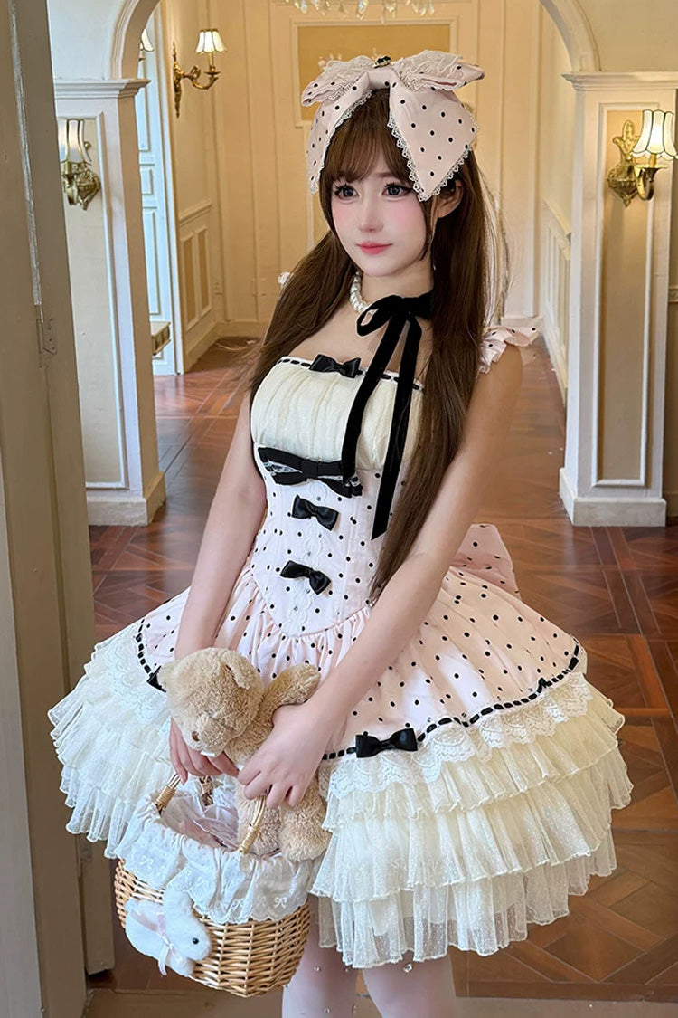 Rose Dot Waltz Square Neck Flutter Sleeve Triple Layer Printed Ruffle Bow JSK Dress