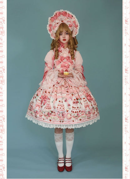 Strawberry and Desserts Print Pink Sweet Bow Accents Lolita JSK / Full Set