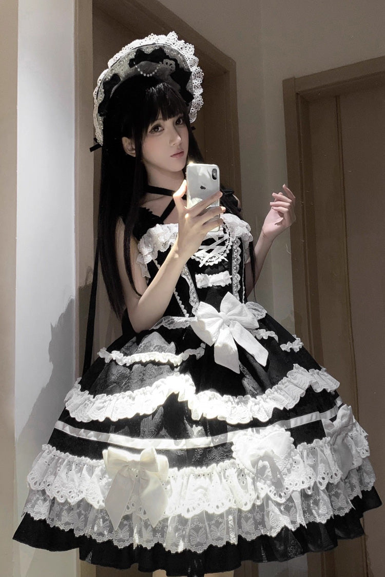 Black White Super Cute Belia Sleeveless Triple-Layered Ruffle Bowknot Lace Gothic Elegant Lolita Jsk Dress
