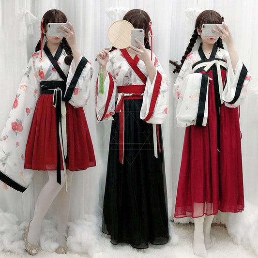 Elegantes Kimono-Set mit Oberteil und Rock mit V-Ausschnitt und Blumendruck