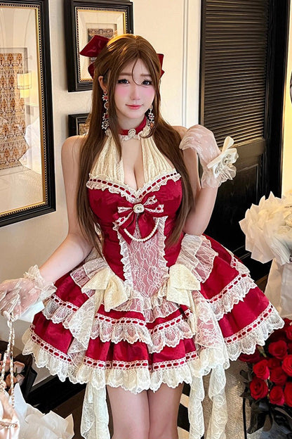 Beloved Young Lady Halterneck Sleeveless Double-Layered Ruffle Lace Dress