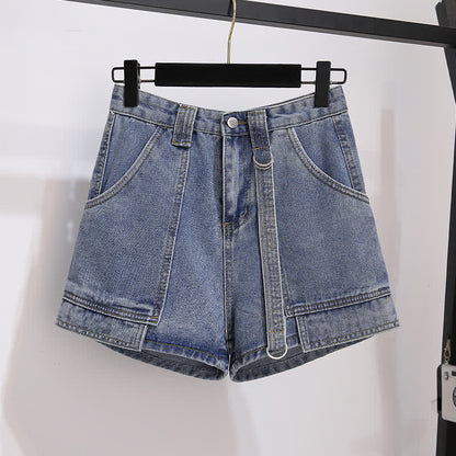 T-Shirt Stripe Pieces Denim Fake Pocketed Shorts Two Lapel