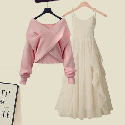 Two Pieces A-line Flouncing Knit Slip Dress Cross Sweater