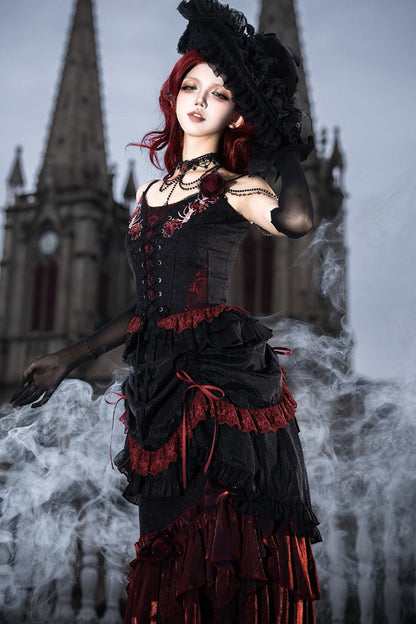 Rotten Bone Flower Lolita Skirt Set with Lace-Up Details - Noir