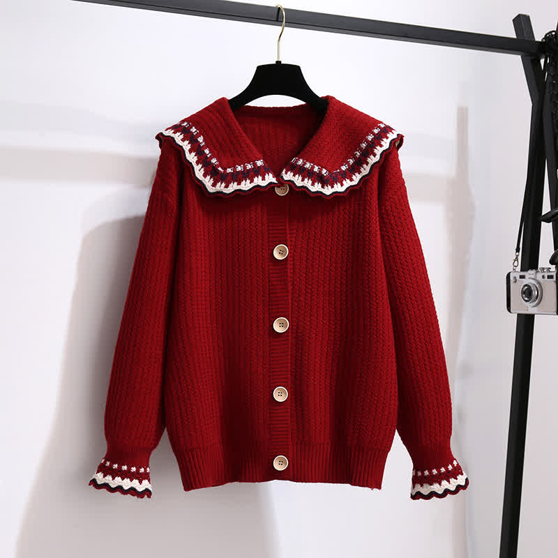 Elegant Doll Collar Knit Sweater Plaid Print Pleated Skirt