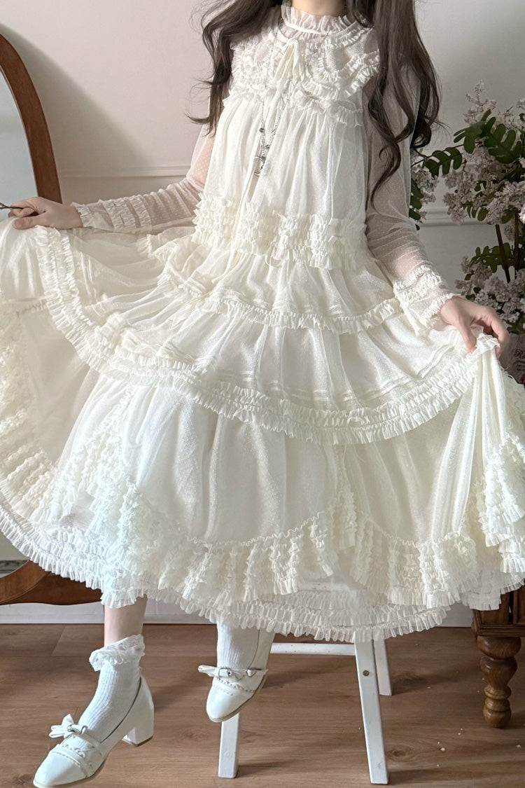 Sweet Stand Collar Long Sleeve Multi Layer Ruffle Color Block Lolita Tiered Dress 14 Colors