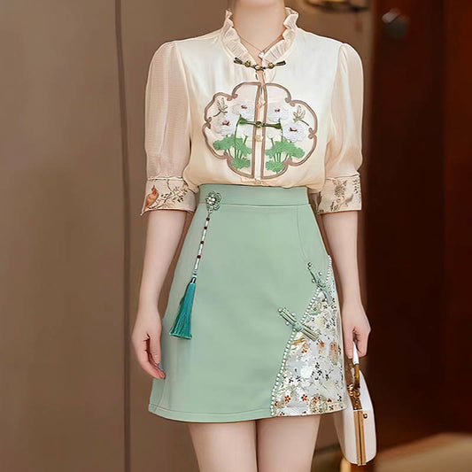 Vintage Embroidery Shirt Flower Skirt Set