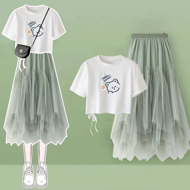 Drawstring Print Loose T-Shirt Tulle Skirt