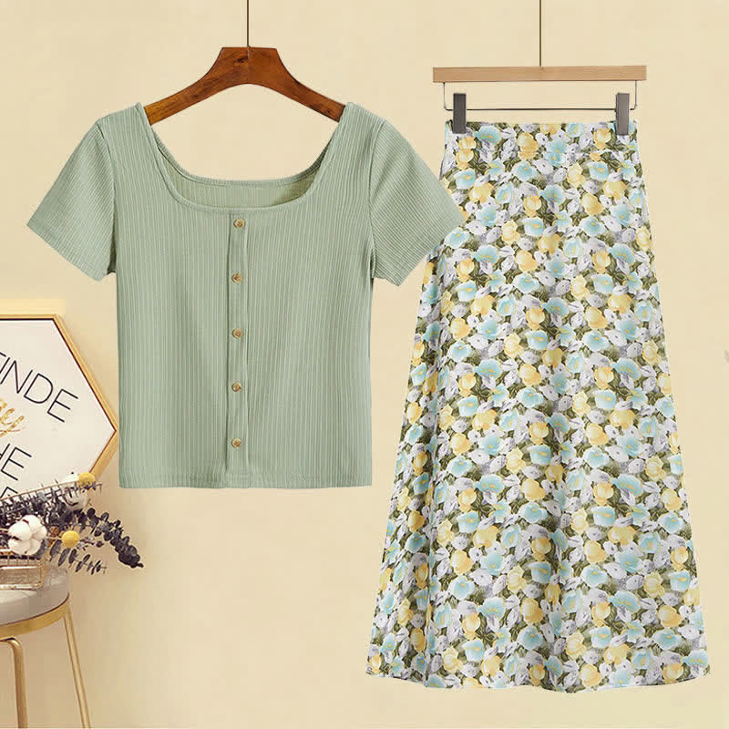 Set Pure T-Shirt Skirt Color Collar Print Sqaure Floral