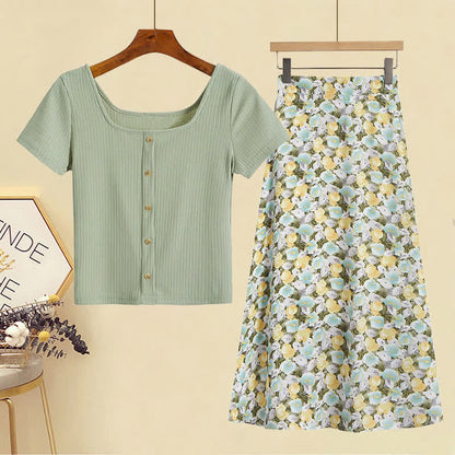 Set Pure T-Shirt Skirt Color Collar Print Sqaure Floral