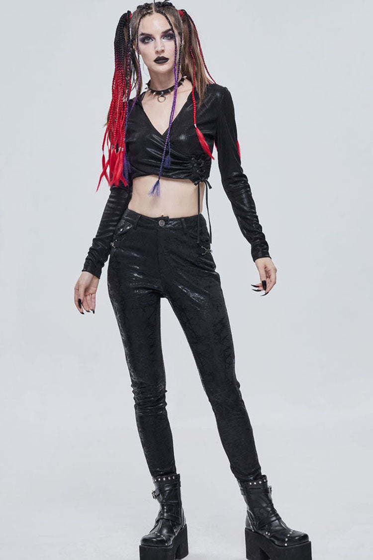 Morbid Metallic Buckle Accent Knit Faux Leather Leggings