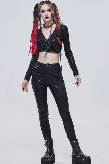 Morbid Metallic Buckle Accent Knit Faux Leather Leggings