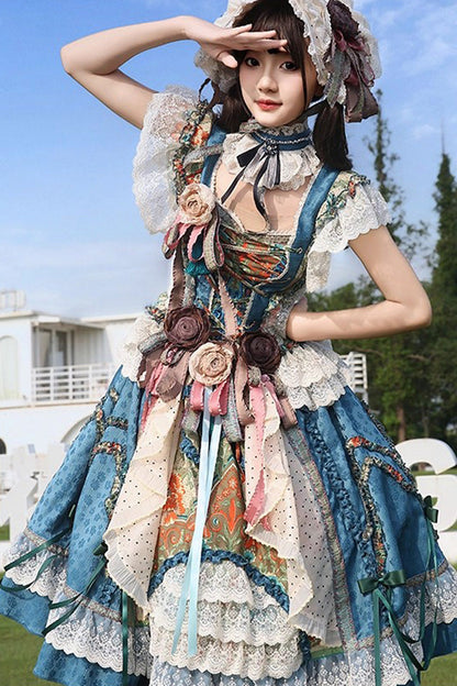 Sleeveless High Waist Printed Ruffled Cardigan Bow Lace-Up Vintage Princess Lolita JSK
