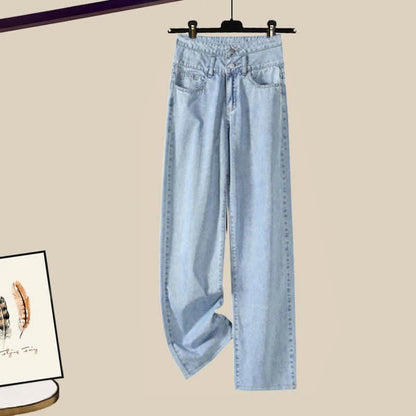 Denim Cardigan Sweater Lapel Shirt Pants Blue Letter Set