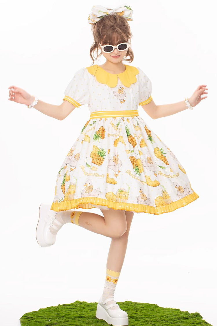 White and Yellow Sweet Duck Print Puff-Sleeved Lolita OP Dress