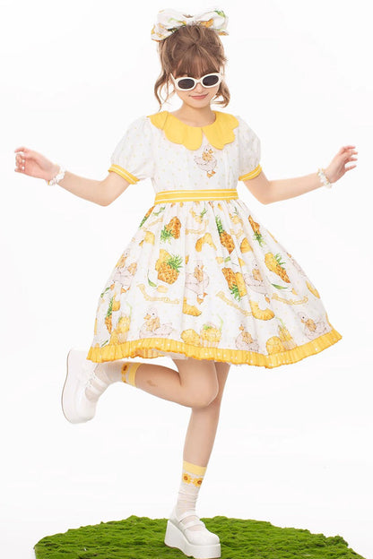 White and Yellow Sweet Duck Print Puff-Sleeved Lolita OP Dress