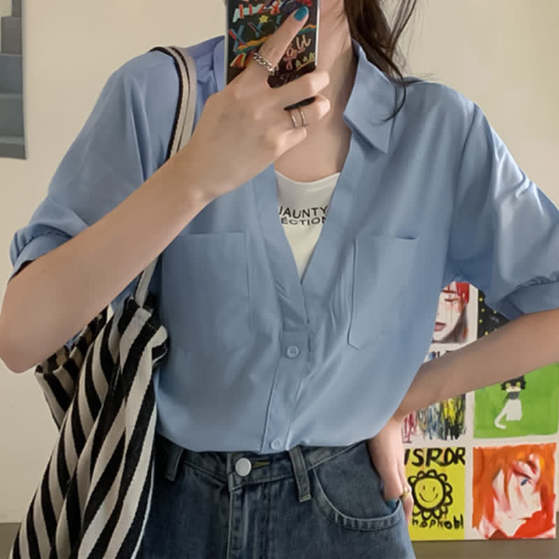 Pocketed T-Shirt Denim Fake Lapel Shorts Pieces Two