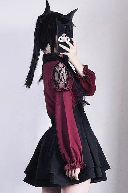 Puff Sleeve Ruffle Bow Lace Blouse & Skirt Set Two Tones