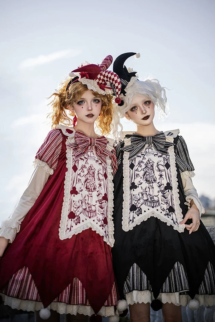 Letters and Poems Doll Mask Poker Clown Long Sleeves Ruffled Bow Gothic Lolita Dress Set