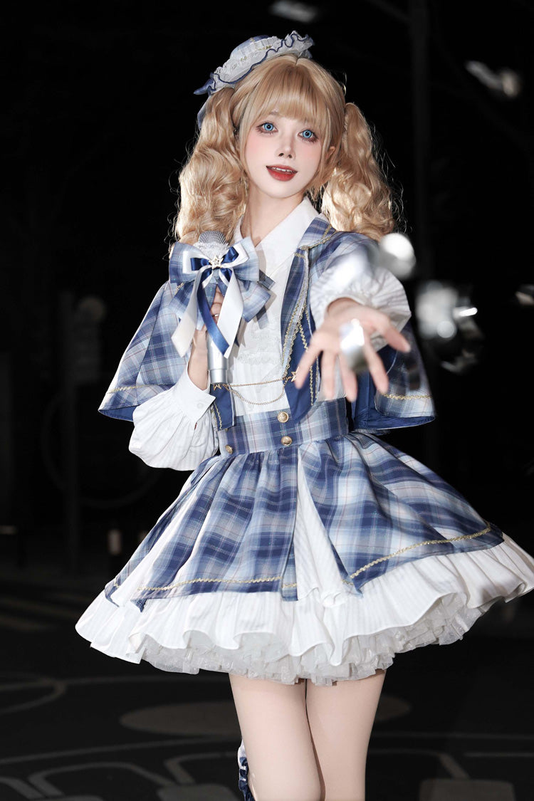 Lapel Long Sleeve Double Printed Ruffled Bow Japanese Lolita Skirt Set