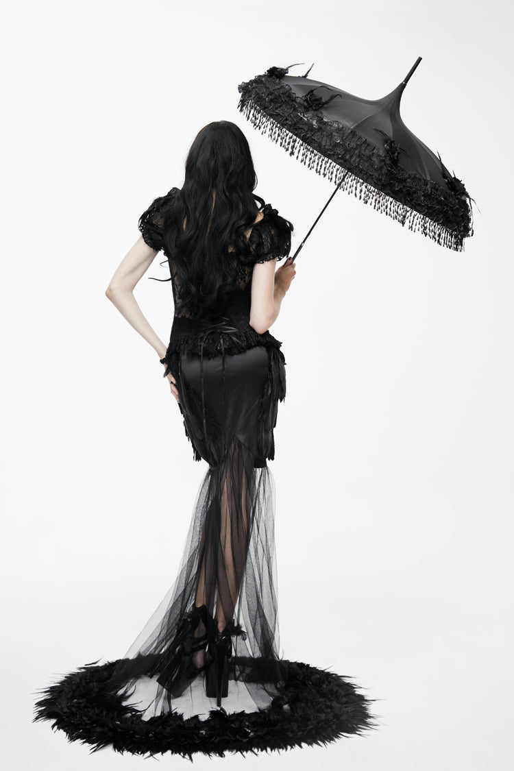 Satin Gothic Skirt with Feather Hem and Fishtail Silhouette