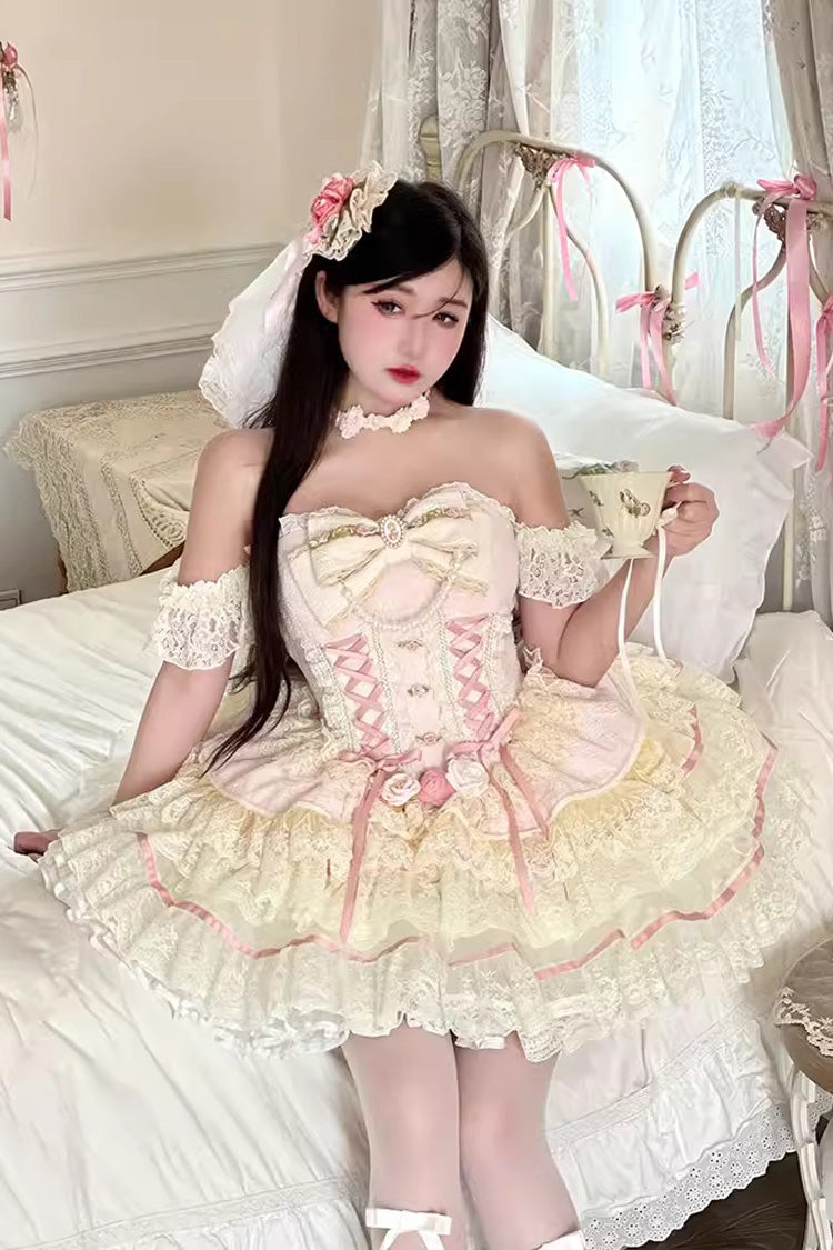 Tea Rose Dew Ruffle Bow Lace Sweet Lolita Skirt Dress in Yellow Pink