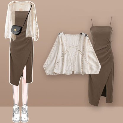 Set Split Ruffled Dress Out Slip Hollow Cardigan