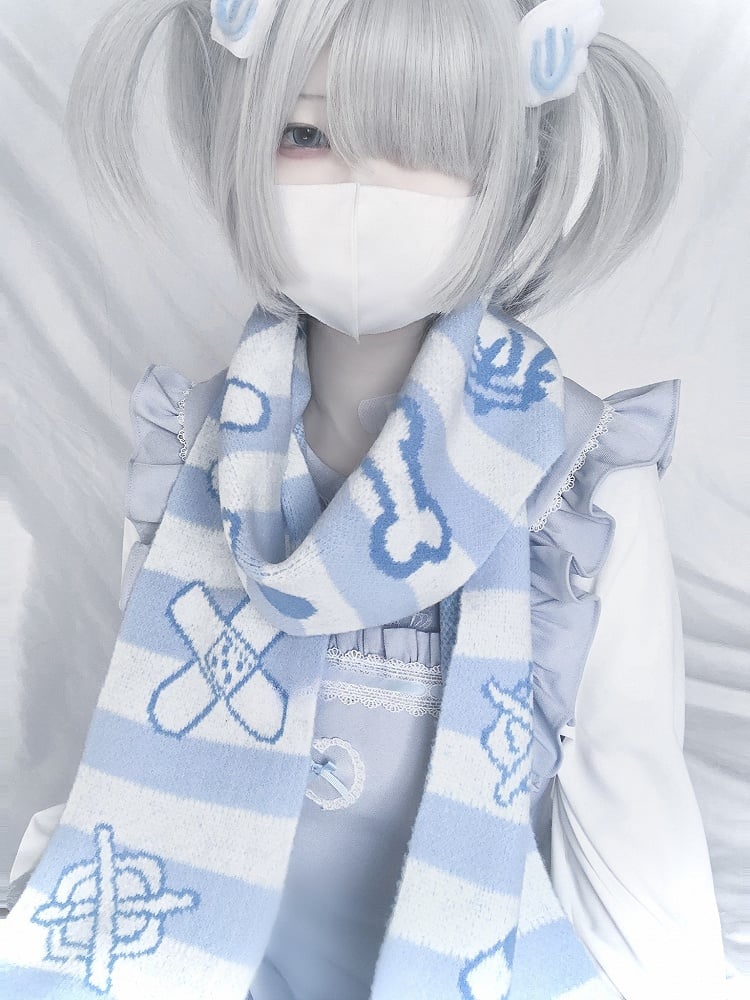 Band-Aid Blue and White Yami Kawaii Striped Scarf