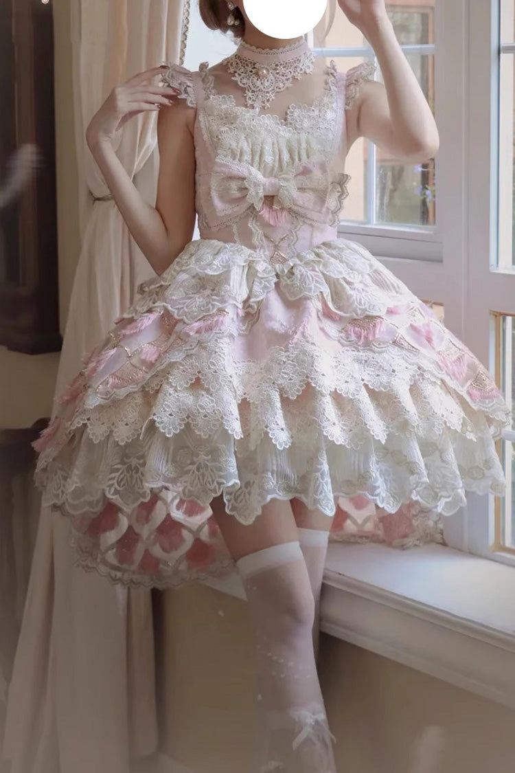 Rose Peacock Feather Tiered Ruffle Bride Cardigan Bow Lace Sweet Lolita JSK Set