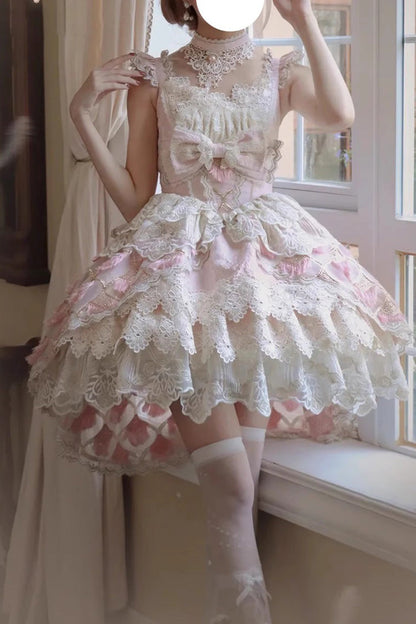 Rose Peacock Feather Tiered Ruffle Bride Cardigan Bow Lace Sweet Lolita JSK Set
