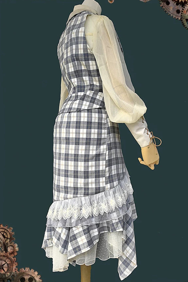 Blue Plaid Traveler Sleeveless Asymmetrical Ruffle Punk Lolita Skirt Set