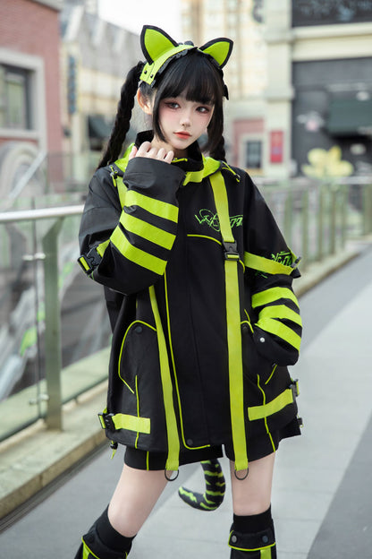Cat Ear Hooded Jirai Kei Long Sleeve Coat in Yellow Green Black