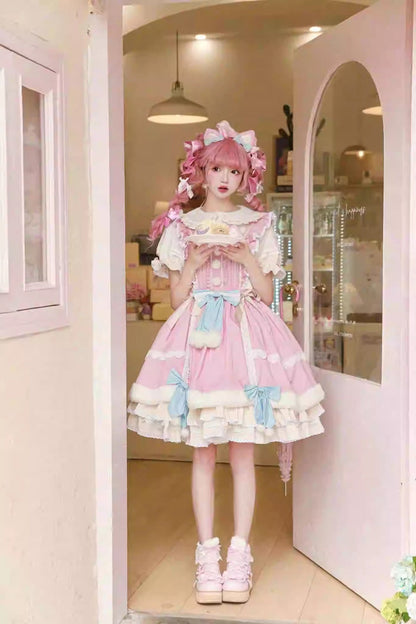 White and Pink Little Fox Multi-Layer Ruffled Bow-Trim Long-Sleeved Sweet Lolita Dress