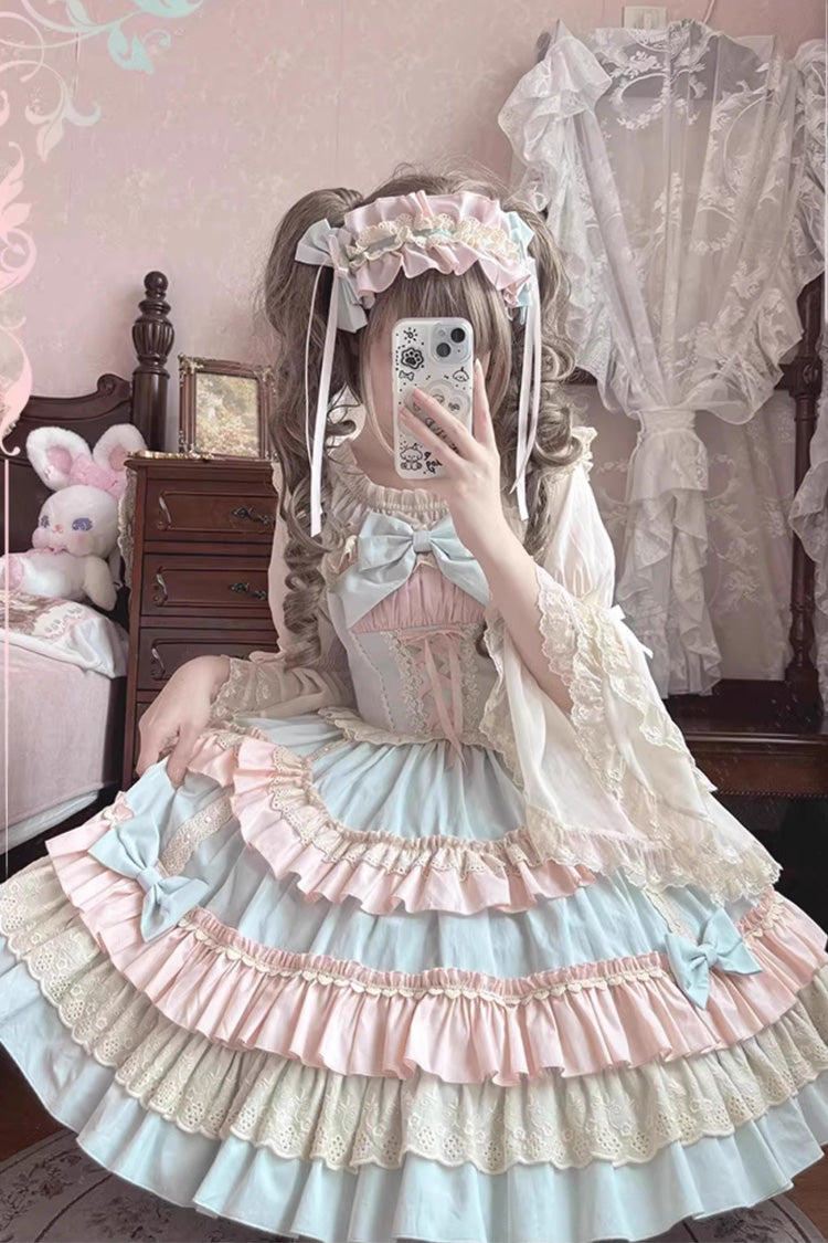 Blue Pink Candy Sleeveless Multi-Layered Ruffle Bowknot Lace-Up Sweet Lolita Tiered Dress