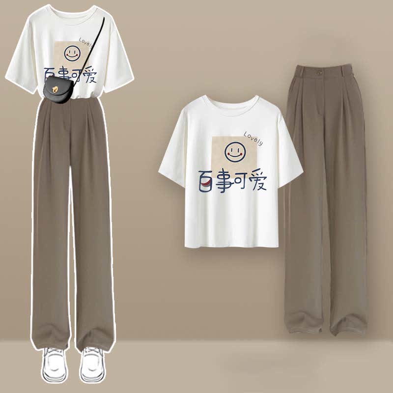 Crop-Top mit Farbblock-Muster, T-Shirt, lässiges Hosen-Set